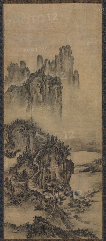 Landscape with a Distant Temple, 1400s. Korea or Japan, Joseon period (1392-1910) or Muromachi Period (1392-1573). Hanging scroll; ink on paper; overall: 195.6 x 57.2 cm (77 x 22 1/2 in.); painting only: 107.7 x 45 cm (42 3/8 x 17 11/16 in.).