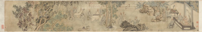 The Ninth Day Literary Gathering at Xing’an, 1743. Fang Shishu (Chinese, 1693-1751), and Ye Fanglin (Chinese, late 1600s-mid-1700s). Handscroll, ink and color on silk; image: 32.4 x 201.2 cm (12 3/4 x 79 3/16 in.); overall: 33.5 x 893 cm (13 3/16 x 351 9/16 in.).