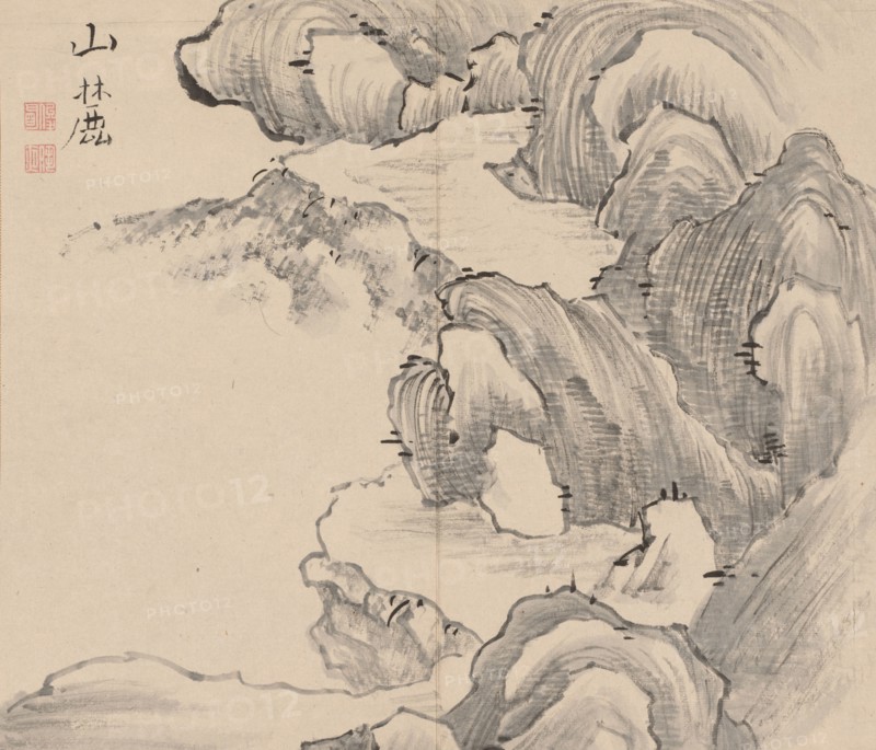 Double Album of Landscape Studies after Ikeno Taiga, Volume 1 (leaf 28), 18th century. Aoki Shukuya (Japanese, 1789). Pair of albums; ink, or ink and light color on paper; album, closed: 28.3 x 33 cm (11 1/8 x 13 in.).