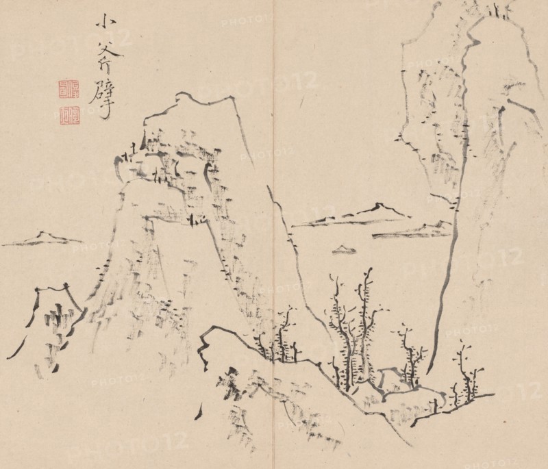 Double Album of Landscape Studies after Ikeno Taiga, Volume 1 (leaf 8), 18th century. Aoki Shukuya (Japanese, 1789). Pair of albums; ink, or ink and light color on paper; album, closed: 28.3 x 33 cm (11 1/8 x 13 in.).