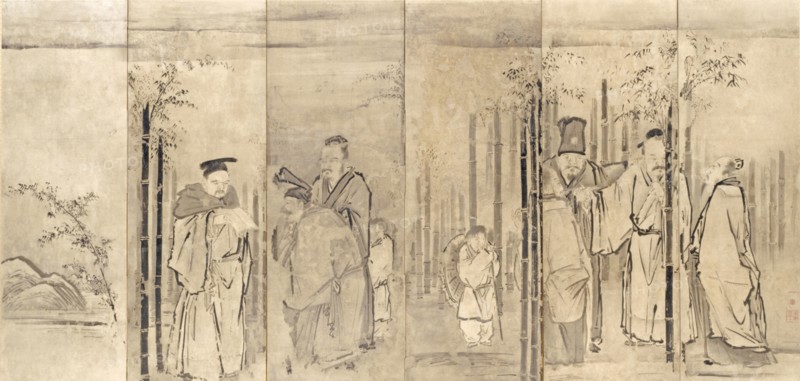 Seven Sages of the Bamboo Grove, 1600s. Kano Tan’yu (Japanese, 1602-1674). Pair of six-fold screens; ink on paper; overall: 161 x 339 cm (63 3/8 x 133 7/16 in.).