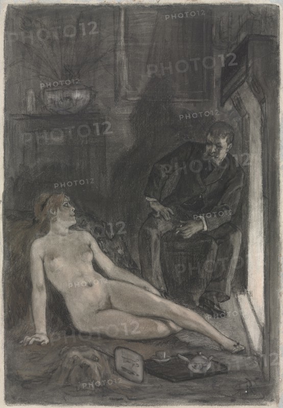 Winter Evening, last third 19th century. Félicien Rops (Belgian, 1833-1898). Black crayon, black chalk and graphite (stumped and scraped away in places) and brush and gray wash and crayon, heightened with white chalk; sheet: 16.2 x 23.3 cm (6 3/8 x 9 3/16 in.).