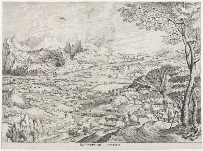 The Large Landscapes:  Solicitudo Rustica, c. 1555-1558. Attributed to Jan van Doetechum (Flemish, 1530-1616), and Lucas van Doetechum (Flemish), after Pieter Bruegel (Flemish, 1527/8-1569). Engraving and etching