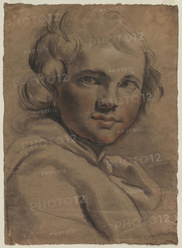 Head of a Young Man, 1780s. Gaetano Gandolfi (Italian, 1734-1802). Black chalk with red chalk, heightened with traces of white chalk (black and red chalk stumped in places); sheet: 43.6 x 31.5 cm (17 3/16 x 12 3/8 in.).