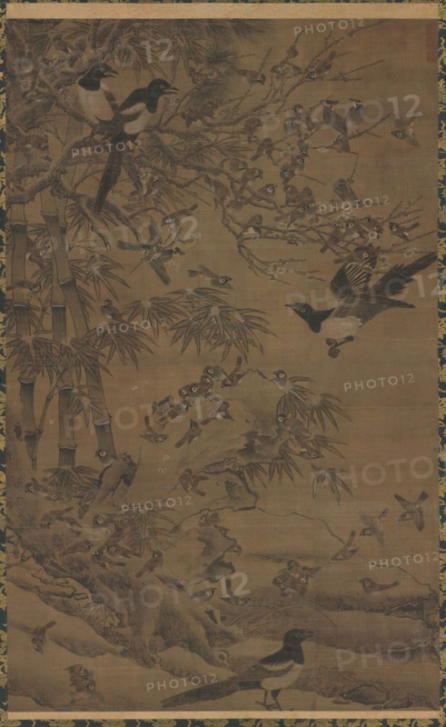 Hundred Birds and the Three Friends, first quarter of the 1400s. Bian Wenjin (Chinese, about 1354-1428). Hanging scroll, ink and color on silk; overall: 152.1 x 95.3 cm (59 7/8 x 37 1/2 in.).
