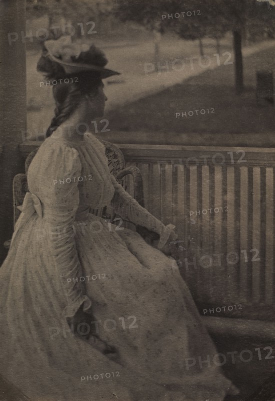 On the Porch (Julia Hall McCune), c. 1897. Clarence H. White (American, 1871-1925). Platinum print; image: 19.4 x 13.5 cm (7 5/8 x 5 5/16 in.); matted: 45.7 x 35.6 cm (18 x 14 in.)