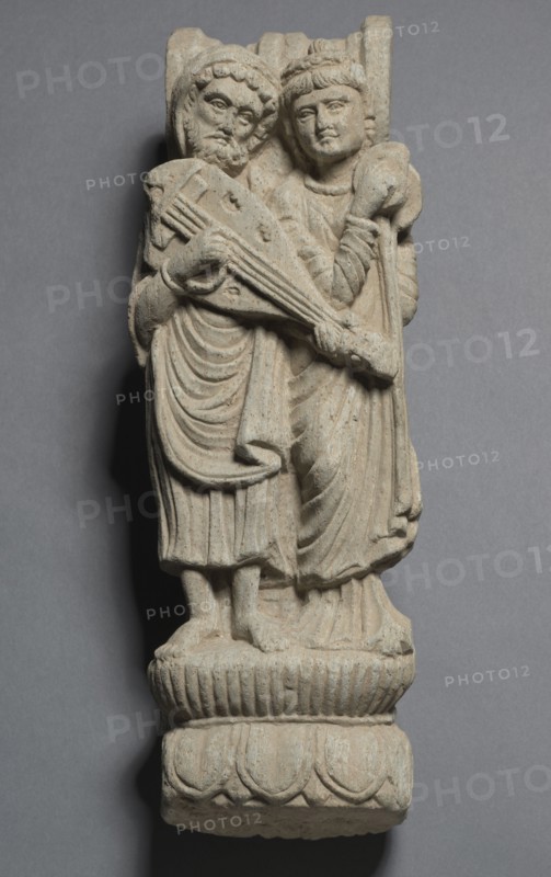 Bracket with Two Musicians, 100s. Pakistan, Gandhara, probably Butkara in Swat, Kushan Period (1st century-320). Schist; overall: 37.5 cm (14 3/4 in.).