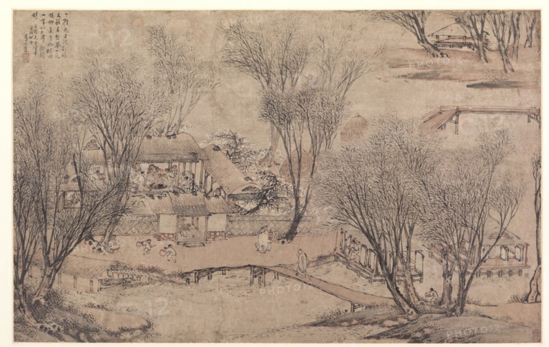 New Year's Day in a Village at Stone Lake, 1609. Li Shida (Chinese, c. 1549-c. 1621). Album leaf, ink and light color on paper; overall: 33.3 x 53 cm (13 1/8 x 20 7/8 in.).
