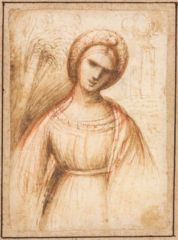 Lady in a Landscape (recto), c. 1521. Possibly by Dosso Dossi (Italian, c. 1490-aft 1541). Brush and brown wash and red chalk (extended with brush and water in places); sheet: 9.7 x 6.8 cm (3 13/16 x 2 11/16 in.); secondary support: 17.5 x 14.9 cm (6 7/8 x 5 7/8 in.).