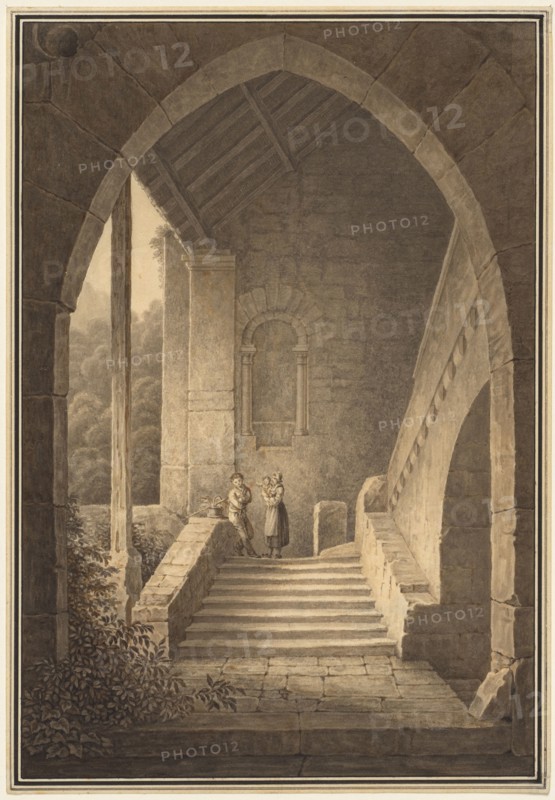 Outer Staircase of a Gothic Ruin (Treppenaufgang einer gotischen Ruine), 1830. Domenico Quaglio (German, 1787-1837). Gray and brown wash and framing lines in pen and black ink; sheet: 24.1 x 16.8 cm (9 1/2 x 6 5/8 in.); image: 23.2 x 15.2 cm (9 1/8 x 6 in.).
