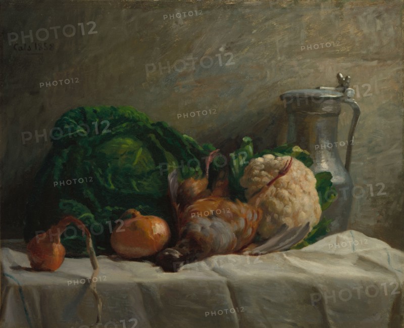 Still Life with Vegetables, Partridge, and a Jug, 1858. Adolphe-Félix Cals (French, 1810-1880). Oil on fabric; unframed: 49.5 x 61 cm (19 1/2 x 24 in.)