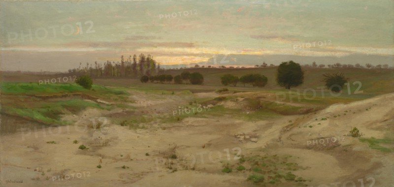 The Marl Pit at Mulcent:  Evening, after 1857. Antoine Chintreuil (French, 1814-1873). Oil on paper, mounted to cardboard, mounted to plywood; framed: 64.2 x 115.8 x 7.7 cm (25 1/4 x 45 9/16 x 3 1/16 in.); unframed: 47.6 x 99.2 cm (18 3/4 x 39 1/16 in.)