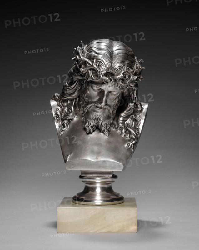Head of Christ, 1867. Jean-Baptiste Clésinger (French, 1814-1883). Silvered bronze, marble base; overall: 38 x 19.2 x 21.9 cm (14 15/16 x 7 9/16 x 8 5/8 in.); without base: 31 cm (12 3/16 in.)