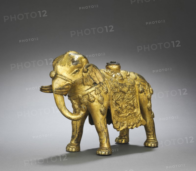 Caparisoned Elephant, c. 1000s. China, Liao dynasty (916-1125). Gilt bronze; overall: 18.5 cm (7 5/16 in.).
