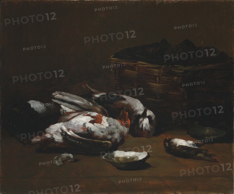 Still Life with Dead Birds and a Basket of Oysters, c. 1860 - 1880. Germain Ribot (French, 1845-1893). Oil on fabric; unframed: 46 x 55.3 cm (18 1/8 x 21 3/4 in.)