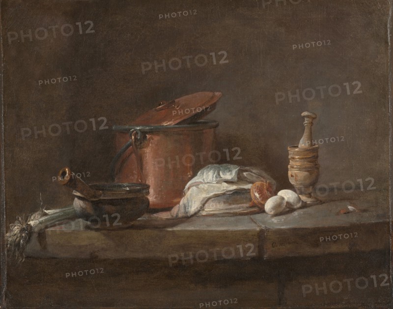 Kitchen Utensils with Leeks, Fish, and Eggs, c. 1734. Jean-Siméon Chardin (French, 1699-1779). Oil on canvas; framed: 52.5 x 60.5 x 7.5 cm (20 11/16 x 23 13/16 x 2 15/16 in.); unframed: 32.2 x 40.7 cm (12 11/16 x 16 in.).