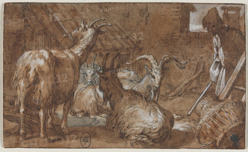 A Barnyard with Goats and a Goatherd, c. 1610-1615. Abraham Bloemaert (Dutch, 1564-1651). Pen and brown ink, brush and brown wash over black chalk, heightened with white gouache; framing lines in brown ink; sheet: 9.2 x 15.3 cm (3 5/8 x 6 in.).