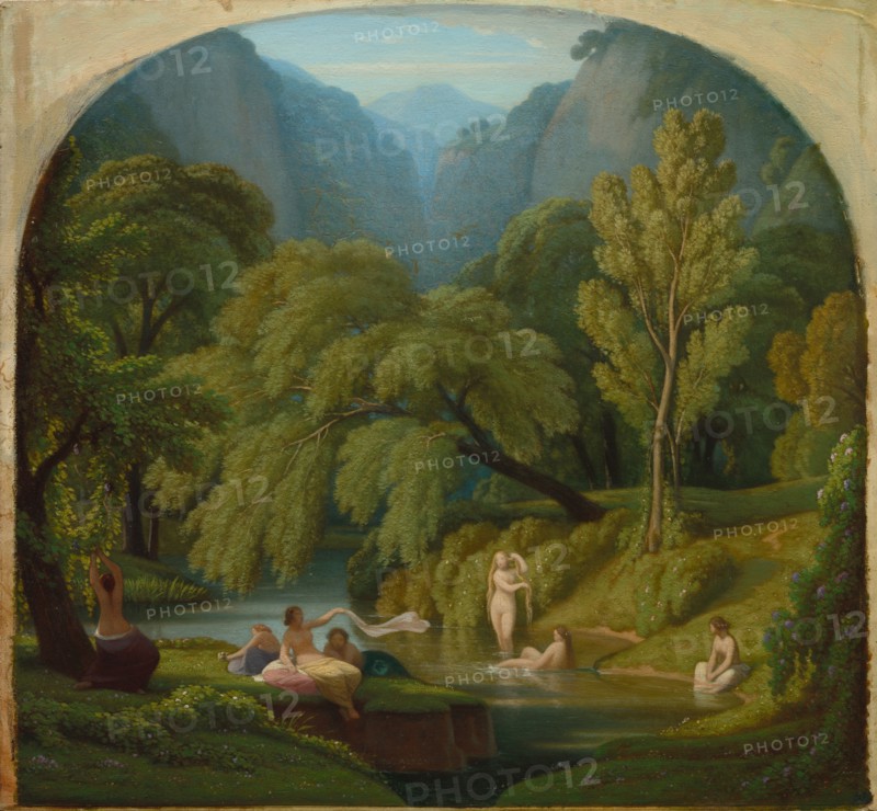 The Bathers, Souvenir of the Banks of the Anio River at Tivoli, c. 1860/1861. Théodore Caruelle d' Aligny (French, 1798-1871). Oil on wood panel; framed: 58.5 x 60.5 x 8 cm (23 1/16 x 23 13/16 x 3 1/8 in.); unframed: 37.5 x 41 cm (14 3/4 x 16 1/8 in.)