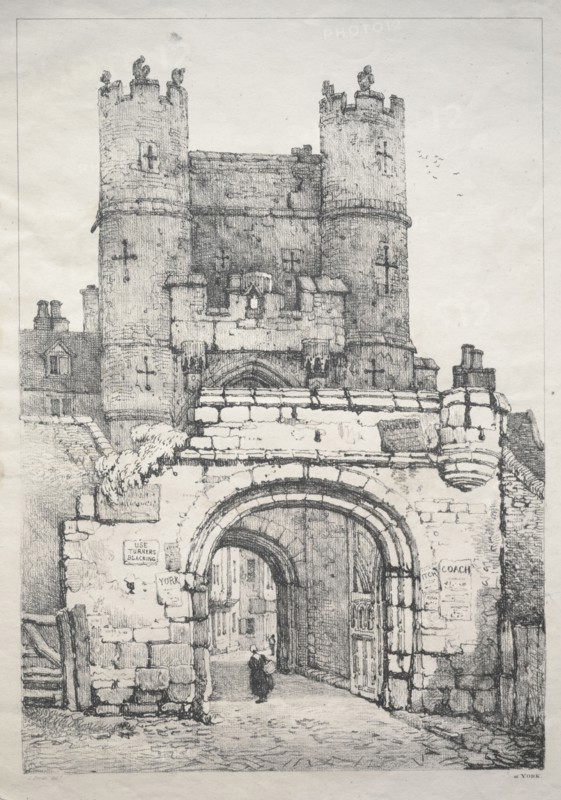 A Series of Ancient Buildings and Rural Cottages in the North of England:  At York, Medieval Gate, 1821. Samuel Prout (British, 1783-1852). Softground etching