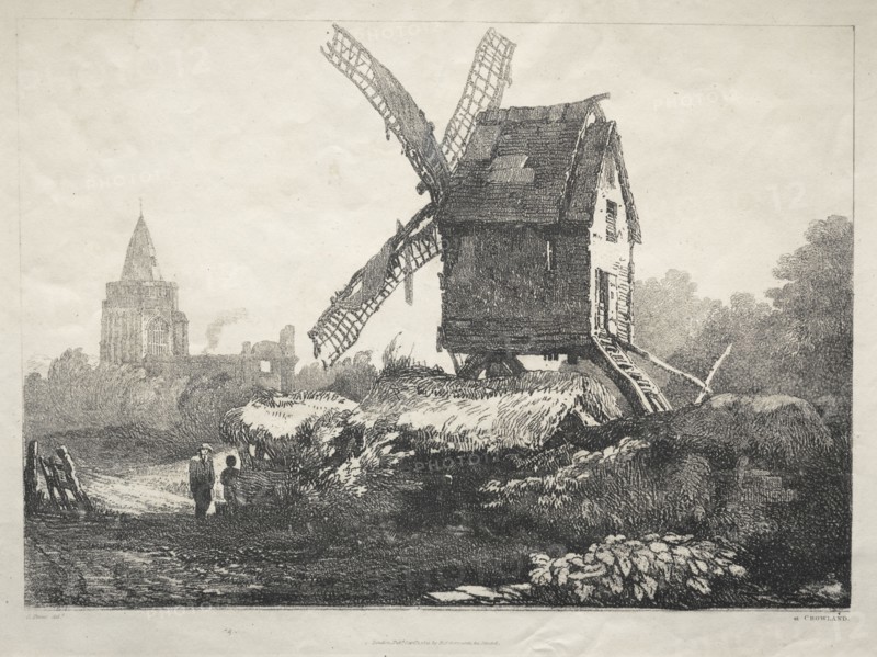 A Series of Ancient Buildings and Rural Cottages in the North of England:  At Crowland, Windmill, 1821. Samuel Prout (British, 1783-1852). Softground etching