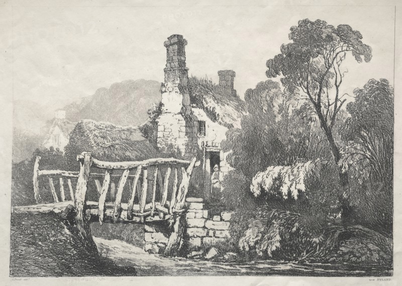 A Series of Ancient Buildings and Rural Cottages in the North of England:  Near Byland, 1821. Samuel Prout (British, 1783-1852). Softground etching