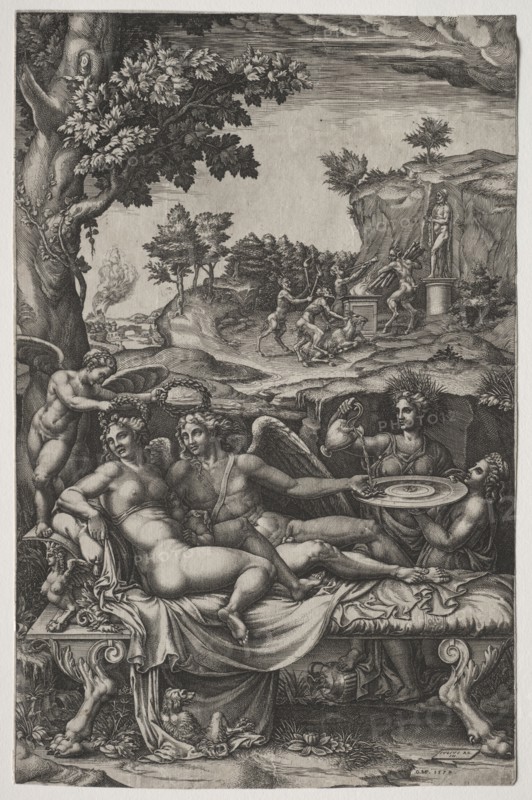 Cupid and Psyche, 1574. Giorgio Ghisi (Italian, 1520-1582), after Giulio Romano (Italian, 1492/99-1546). Engraving; sheet: 36 x 23.4 cm (14 3/16 x 9 3/16 in.)