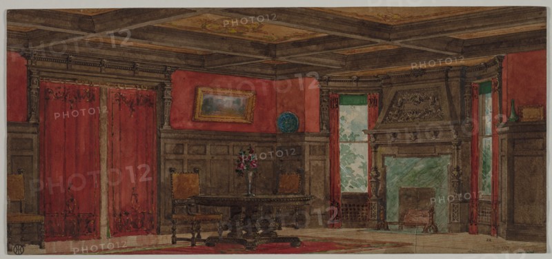 Rendering for Interior Design, about 1880- 1900. August Frederick Biehle (American, 1854-1918), M. James Bowman (American, 1872-1970). Watercolor and black and brown ink with traces of graphite and touches of gouache ; sheet: 24.5 x 53.5 cm (9 5/8 x 21 1/16 in.).