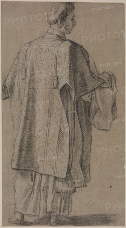 Ecclesiastic Seen from Behind, c. 1645/48. Anonymous, after Eustache Le Sueur (French, 1617-1655). Black chalk heightened with white chalk, squared with stylus; sheet: 42 x 22.9 cm (16 9/16 x 9 in.); secondary support: 42 x 22.9 cm (16 9/16 x 9 in.); tertiary support: 51.4 x 33.1 cm (20 1/4 x 13 1/16 in.).