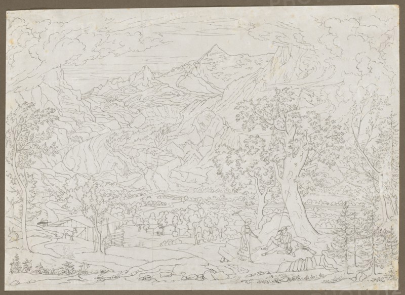 The Grindelwald Glacier with Hunter and Peasant Girl in Foreground, ca. 1823. Joseph Anton Koch (Austrian, 1768-1839). Pen and gray ink over graphite, squared in graphite; sheet: 41.2 x 57 cm (16 1/4 x 22 7/16 in.).
