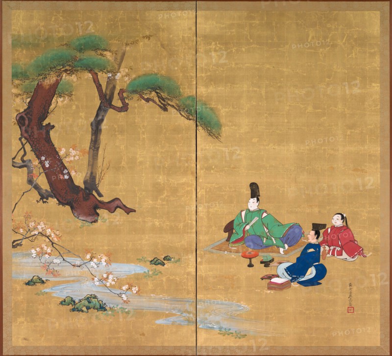 Narihira Viewing the Cherry Blossoms, late 1800s. Shibata Zeshin (Japanese, 1807-1891). Two-panel folding screen; ink, color, lacquer, and gold on silk; image: 175.3 x 190.5 cm (69 x 75 in.); each side: 162.8 x 88.6 cm (64 1/8 x 34 7/8 in.).
