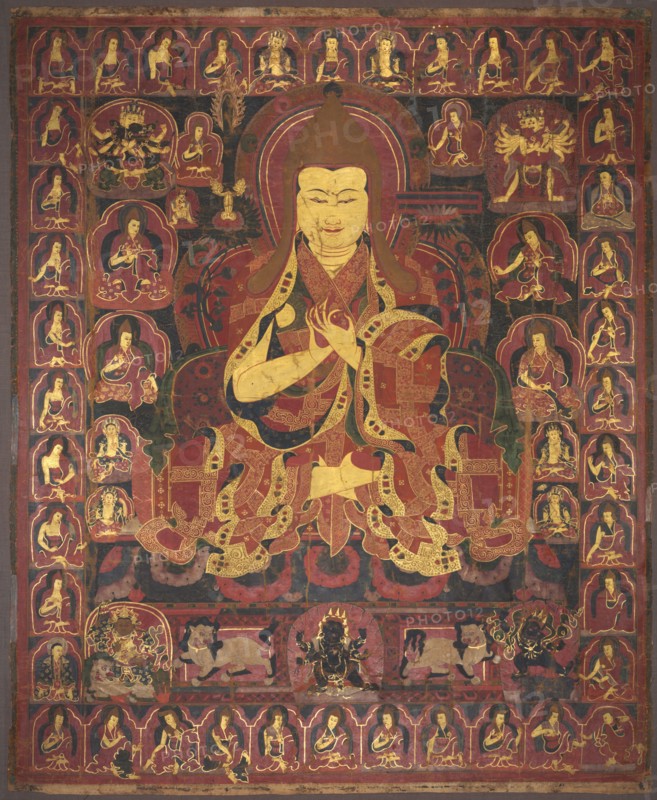 Tsong Khapa, Founder of the Geluk Order, c. 1440-1470. Central Tibet, mid 15th Century. Opaque watercolor and gold on cotton