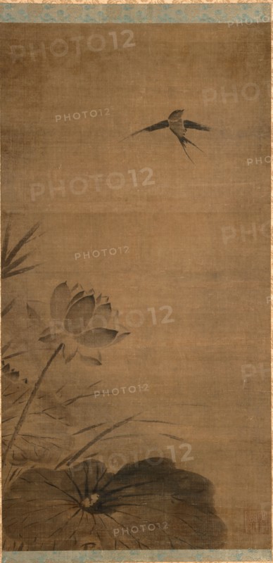 Swallow and Lotus, mid-1200s. Attributed to Fachang Muqi (Chinese, 1220-1280). Hanging scroll, ink on silk; image: 91.8 x 47 cm (36 1/8 x 18 1/2 in.); mounted: 195.5 x 63.6 cm (76 15/16 x 25 1/16 in.).