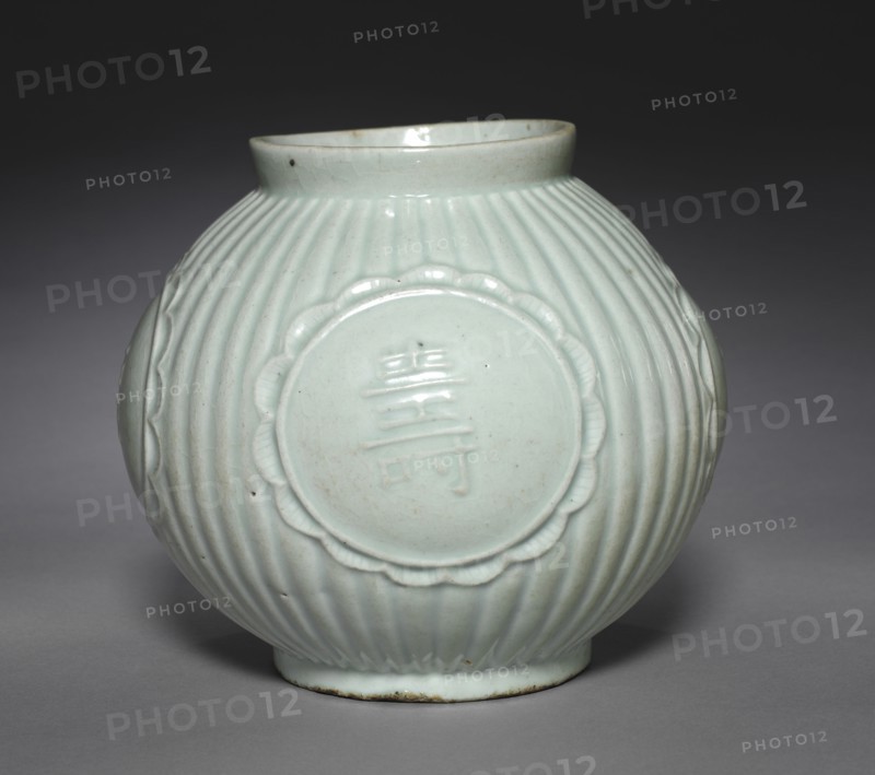 Jar with Four Auspicious Characters in Relief, 1800s. Korea, Joseon dynasty (1392-1910). Glazed porcelain