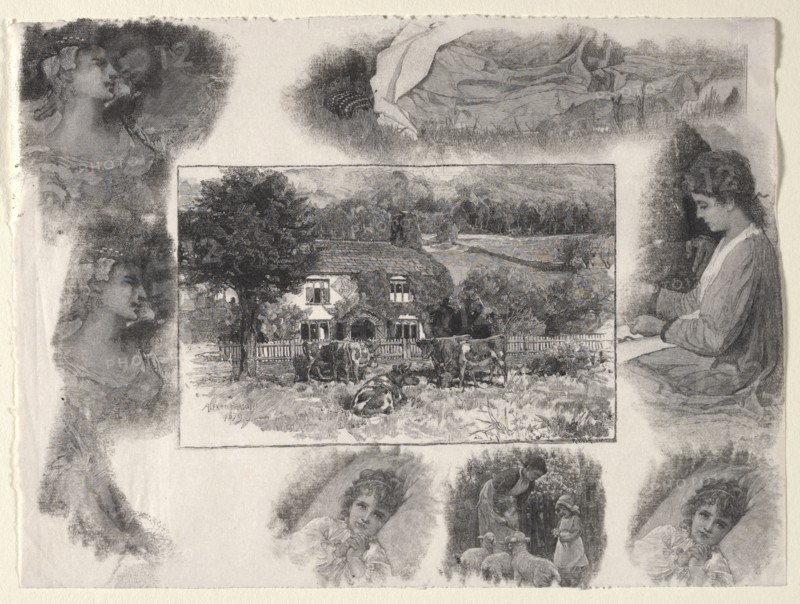 Landscape with Cottage and Cows Surrounded by Various Sketches. Henry Wolf (American, 1852-1916). Wood engraving