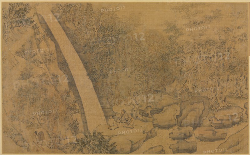Dwelling in the Longmian ("Sleeping Dragon") Mountains, 1100s-1200s. Follower of Li Gonglin (Chinese, c. 1049-1106). Handscroll mounted as an album leaf, ink and color on silk; image: 26.5 x 43 cm (10 7/16 x 16 15/16 in.); mounted: 38.3 x 53.8 cm (15 1/16 x 21 3/16 in.).
