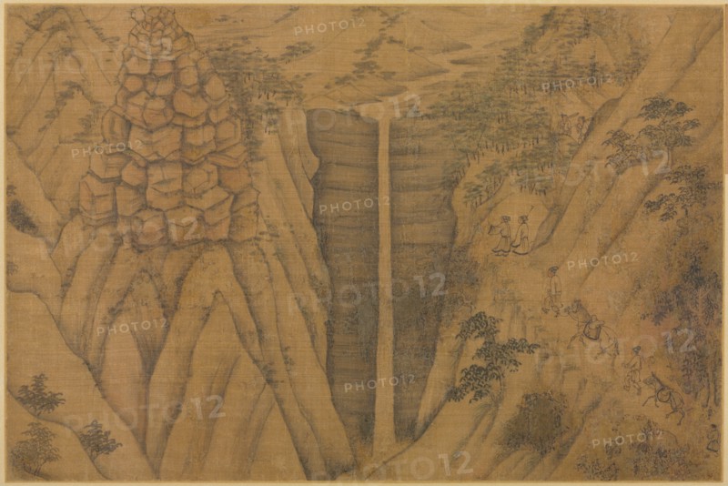 Dwelling in the Longmian ("Sleeping Dragon") Mountains, 1100s-1200s. Follower of Li Gonglin (Chinese, c. 1049-1106). Handscroll mounted as an album leaf, ink and color on silk; image: 26.5 x 39.8 cm (10 7/16 x 15 11/16 in.); mounted: 38.3 x 53.8 cm (15 1/16 x 21 3/16 in.).