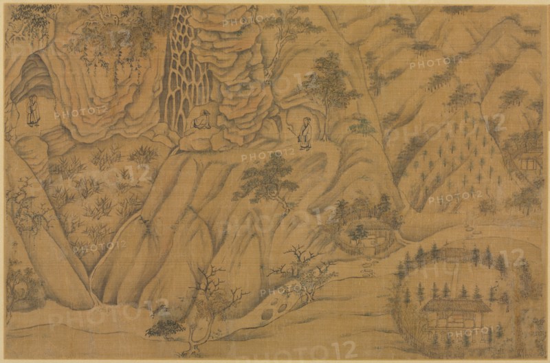 Dwelling in the Longmian ("Sleeping Dragon") Mountains, 1100s-1200s. Li Gonglin (Chinese, c. 1049-1106). Handscroll mounted as three album leaves; overall: 26.5 x 42 cm (10 7/16 x 16 9/16 in.).