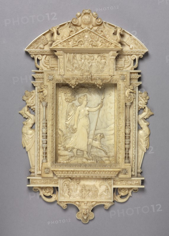 Framed Relief of Diana the Huntress, c. 1850. France (?), 19th century. Ivory; overall: 19.9 x 12.9 x 1.9 cm (7 13/16 x 5 1/16 x 3/4 in.)