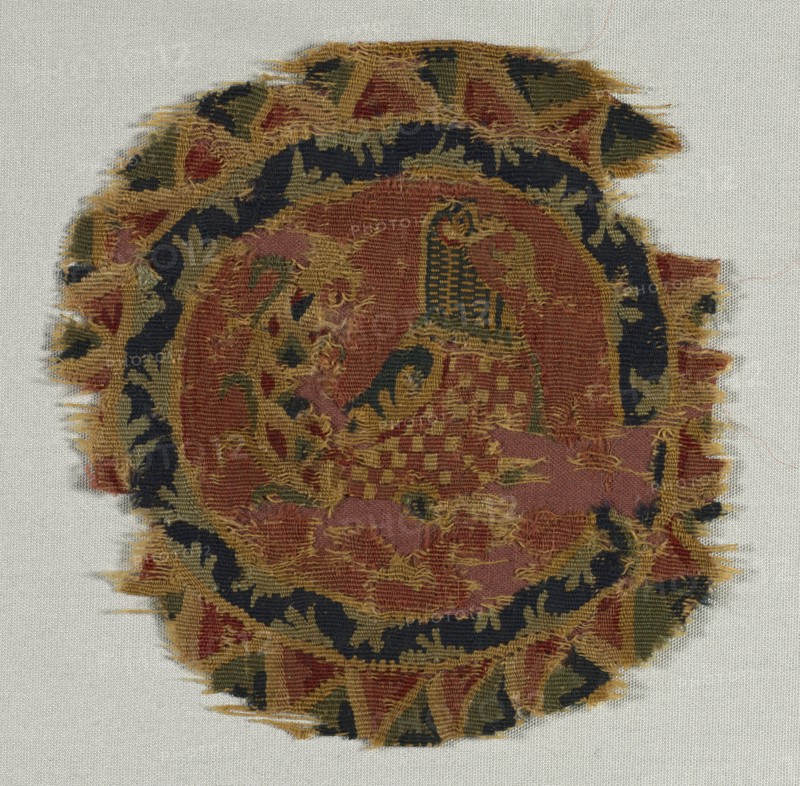 Roundel Fragment: Speckled-Breasted Bird, c. 740 - 760. Egypt ?, 8th century. Tapestry weave: wool; overall: 14.5 x 15.7 cm (5 11/16 x 6 3/16 in.)