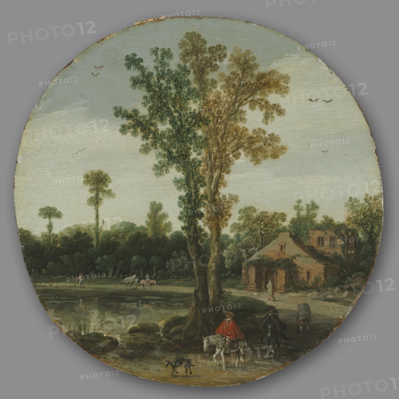 Travelers by a Lake, 1625. Van de Velde Esaias (Dutch, 1587-1630). Oil on wood; framed: 33.5 x 33.5 x 3.5 cm (13 3/16 x 13 3/16 x 1 3/8 in.); diameter: 17.7 cm (6 15/16 in.).