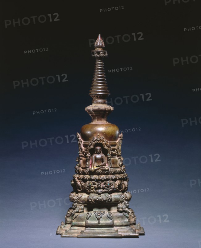 Miniature Votive Stupa, c. 1000s. Eastern India, Pala Period, 11th century. Bronze with inlay of semi-precious stones; overall: 29.2 cm (11 1/2 in.).
