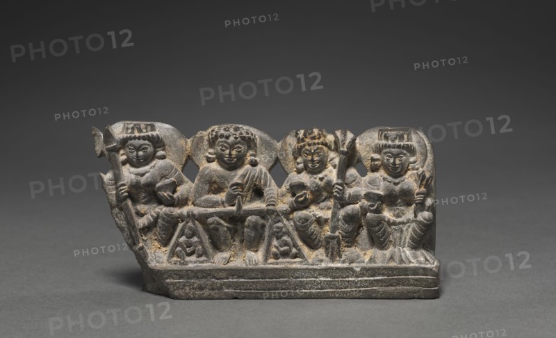 Yama as Dharma, the Judge of the Deceased with His Consorts (minature stele), 800s. Northwest India or Kashmir, 9th century. Schist; overall: 6 x 12 cm (2 3/8 x 4 3/4 in.).