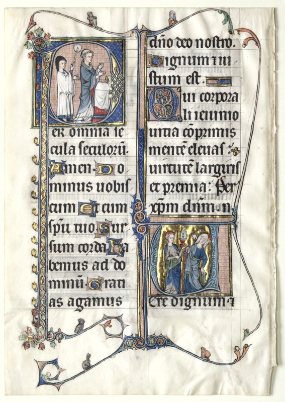 Leaf from a Missal with Two Historiated Initials: Initial P[er omnia saecula saeculorum] (A Priest Celebrates Mass) and Initial V[ere dignum et iustum est] (Ecclesia and Synagogue), c. 1300. France, Beauvais, late 13th-early 14th Century. Ink, tempera, and gold on vellum; sheet: 28.5 x 20 cm (11 1/4 x 7 7/8 in.)