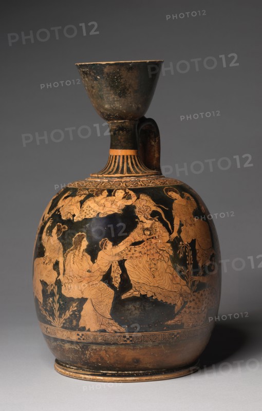 Squat Lekythos, c. 420-410 BC. Attributed to Meidias Painter (Greek). Earthenware with slip decoration and gilded relief; diameter: 18.6 cm (7 5/16 in.); diameter of mouth: 8.7 cm (3 7/16 in.); overall: 30.3 cm (11 15/16 in.); diameter of foot: 14.5 cm (5 11/16 in.).