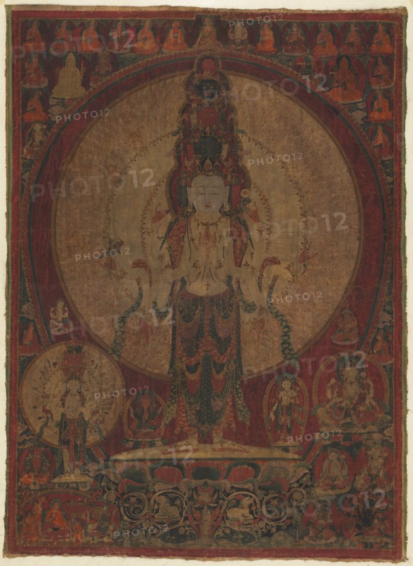 Eleven-Headed, Thousand-Armed Bodhisattva of Compassion (Avalokiteshvara), c. 1500. Western Tibet, early 16th century. Opaque watercolor and ink on cotton; overall: 94.6 x 69.2 cm (37 1/4 x 27 1/4 in.).