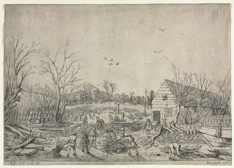 The Great Flood of January 10, 1624 (or Repairing the Broken Dike on the River Lek by Vianen, 1624). Van de Velde Esaias (Dutch, 1587-1630). Etching