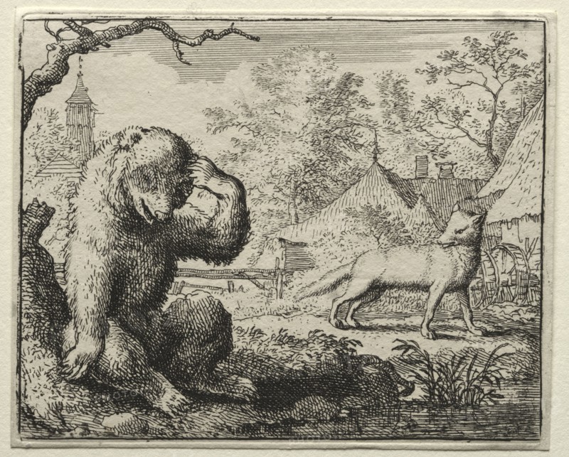 Reynard the Fox:  Reynard Chides the Injured Bear. Allart van Everdingen (Dutch, 1621-1675). Etching