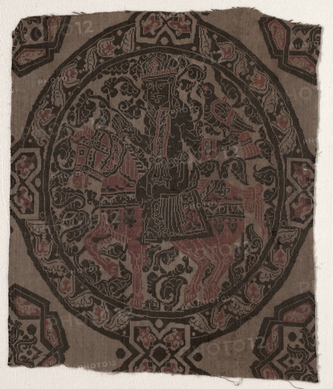 Fragment with Equestrian Falconer King, 800s. Iran or Iraq, Abbasid period, 9th century. Lampas weave, silk; overall: 34.5 x 28.5 cm (13 9/16 x 11 1/4 in.)