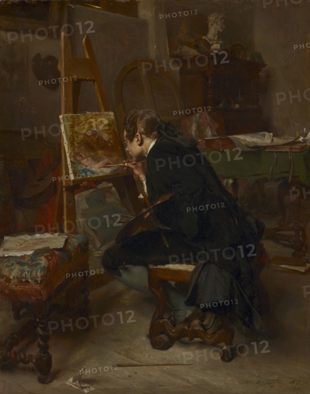 A Painter, 1855. Ernest Meissonier (French, 1815-1891). Oil on mahogany; framed: 39 x 33.5 x 6.5 cm (15 3/8 x 13 3/16 x 2 9/16 in.); unframed: 27 x 21.1 cm (10 5/8 x 8 5/16 in.).