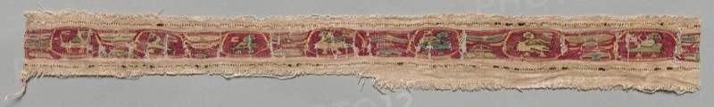 Fragment of a Tiraz, 1100s. Egypt, Fatimid period, 12th century. Tabby ground with inwoven tapestry ornament; linen and silk; overall: 5 x 43 cm (1 15/16 x 16 15/16 in.).